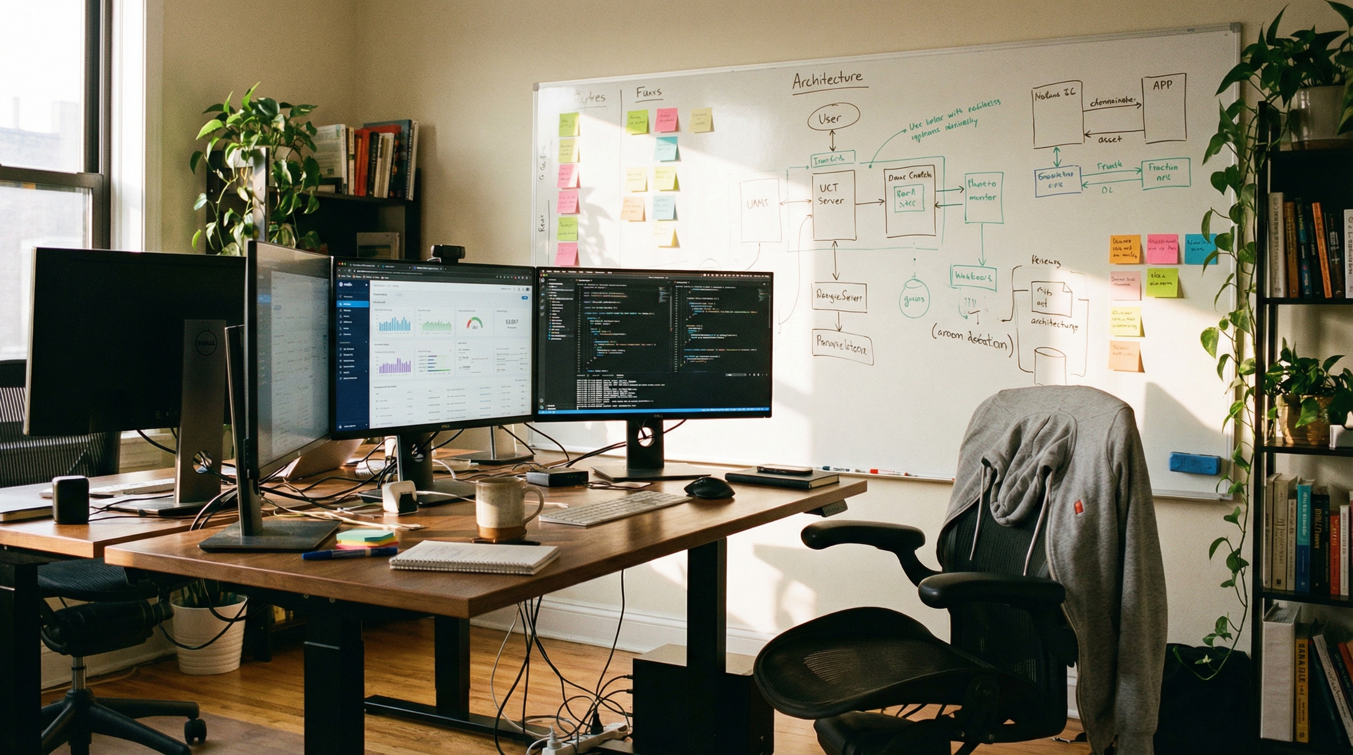 SNSYS technology workspace with dashboards and architecture diagrams