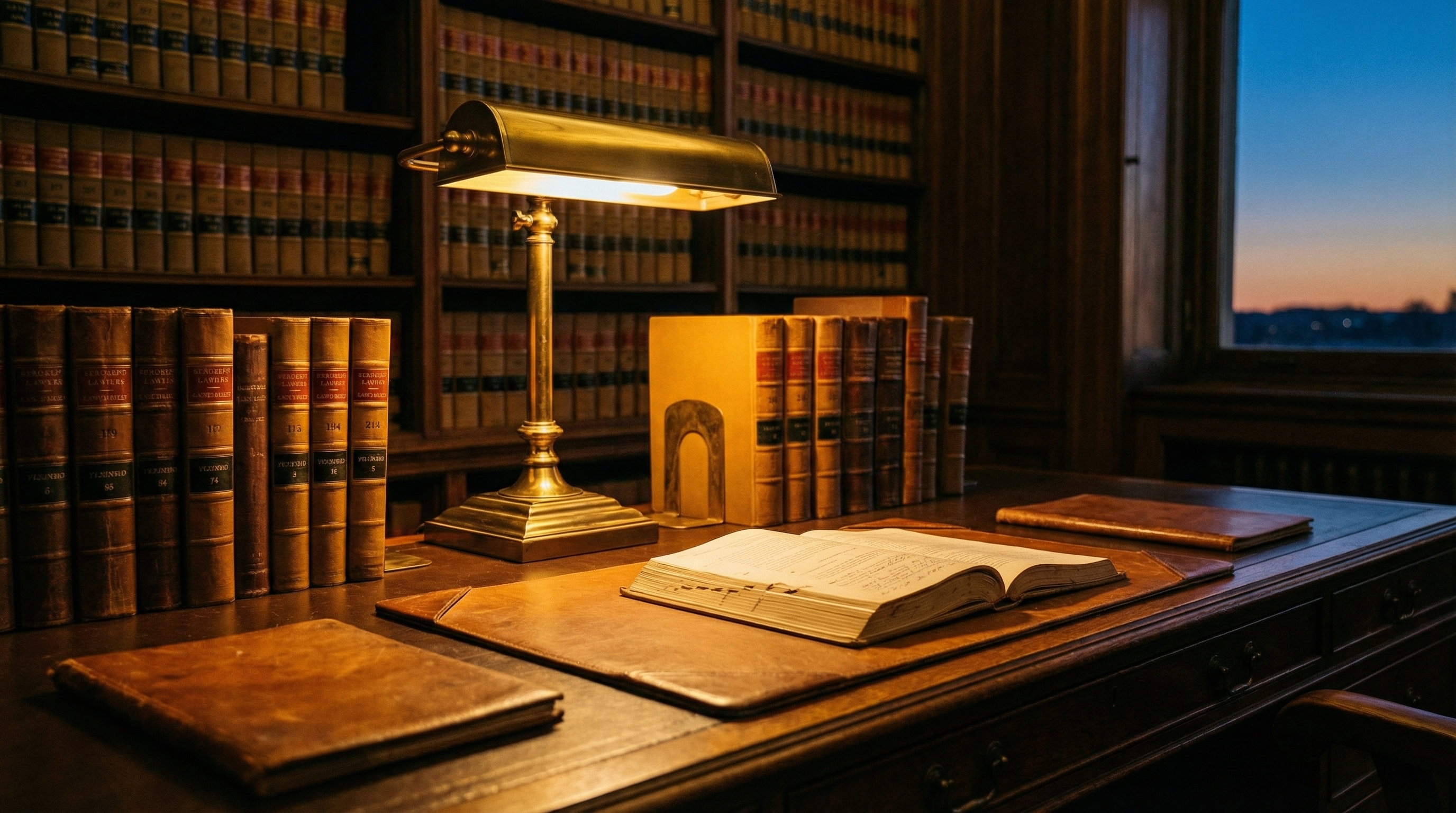 Law library with brass lamp and legal volumes