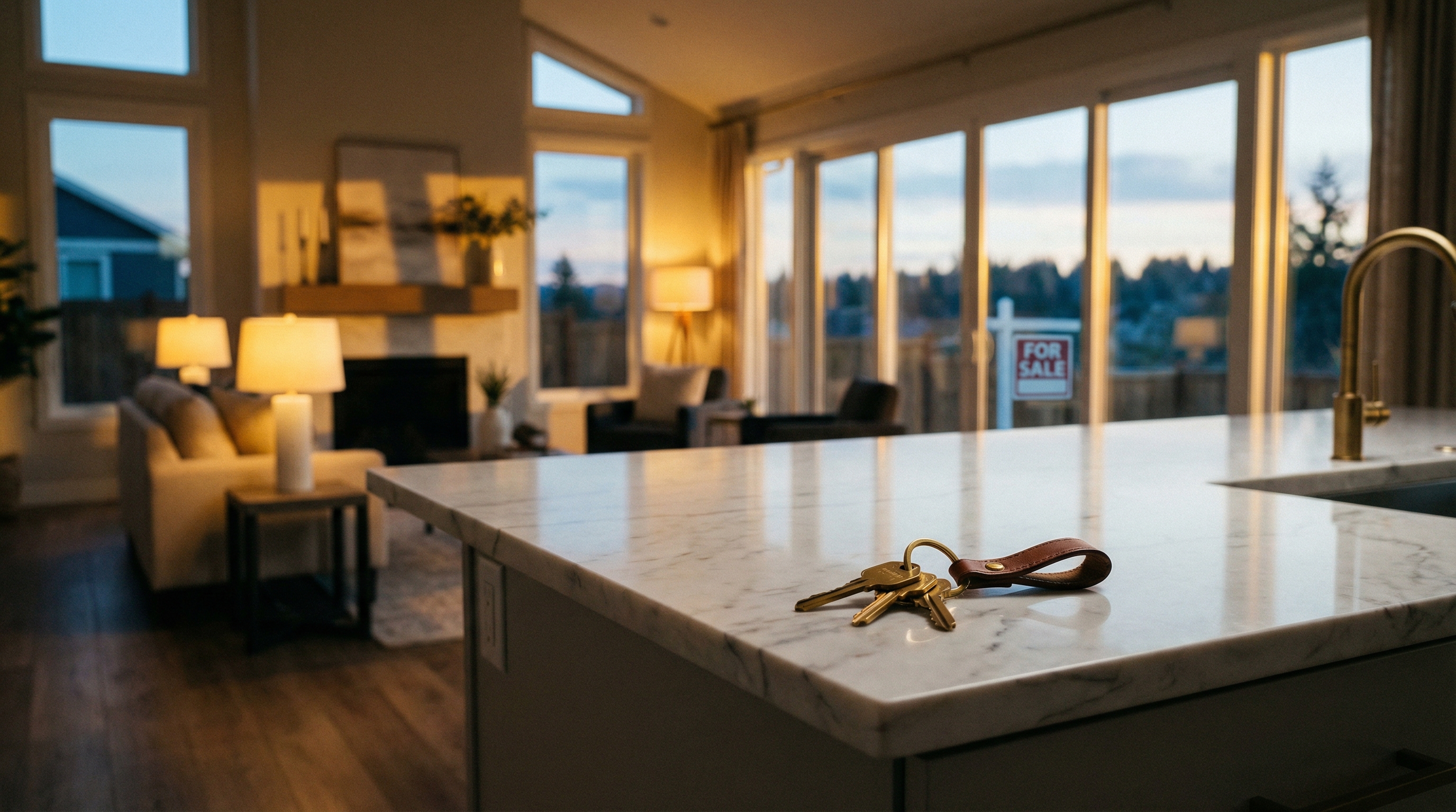 Modern home interior at twilight showing